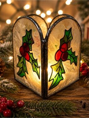 Our America Stained Glass Frosted Holly Berries Candle Holder Christmas